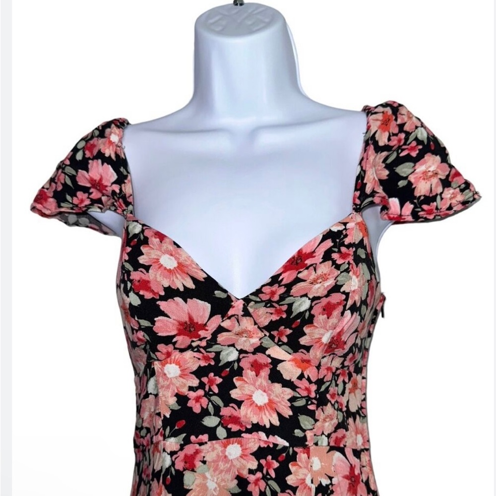 Rewind Floral Asymmetrical Maxi Dress Women’s Sz S Queen Ann Neckline Cap Sleeve